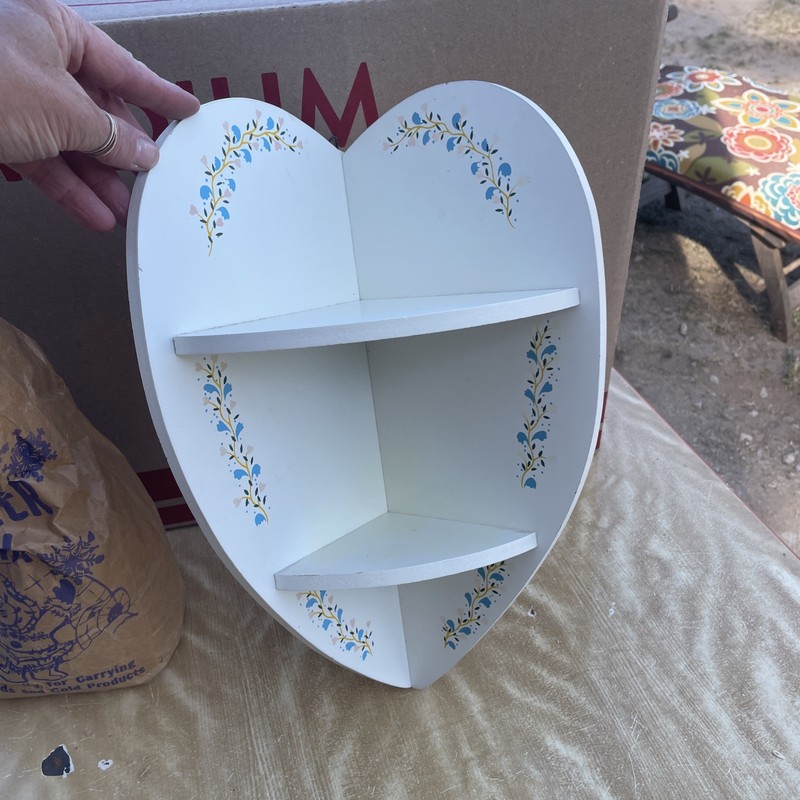 Wooden Heart Corner Shelf - Distressed Painted Cottage Core Country Chic White