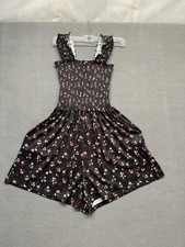 Women's Black Floral Print Romper With Pockets / Ruffled Straps Size S