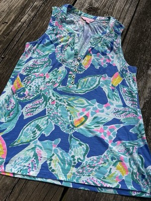 Lilly Pulitzer Essie Top Tank Printed Smocked Ruched Button Sleeveless Size XS