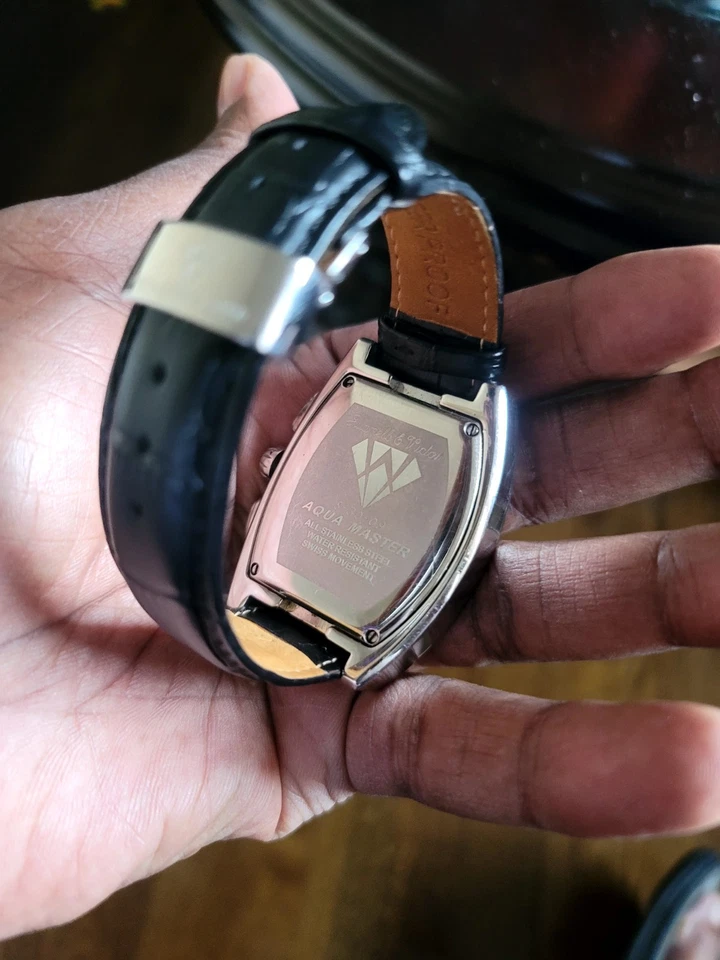 Reloj Aqua Master para hombre esfera negra caja de acero correa de cuero negro diamante W#35 Foto 4 de 4