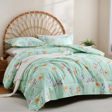 Green Floral Comforter Set Queen Size, 3 Piece Printed Microfiber down Alternati