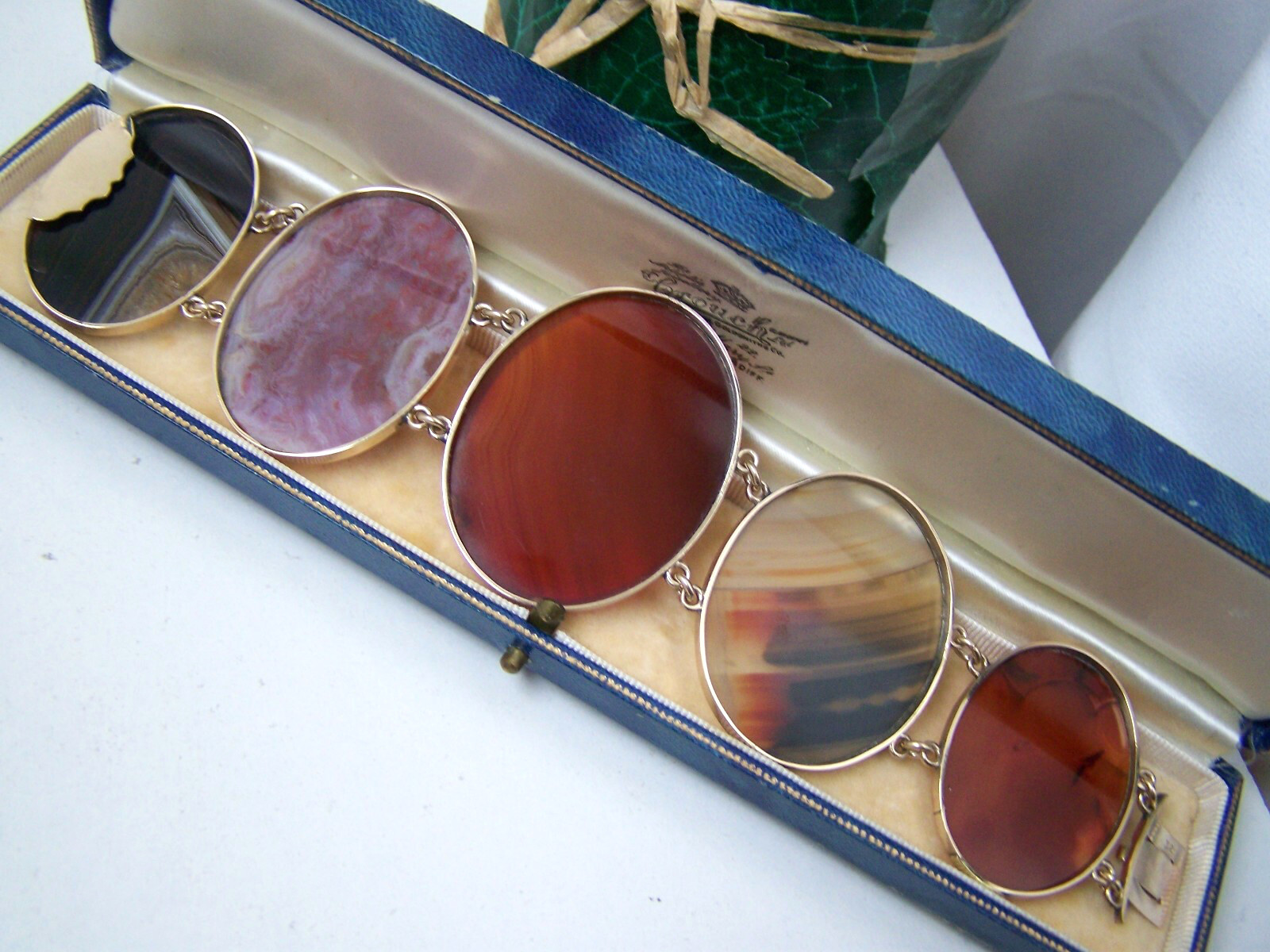 VINTAGE ANTIQUE HUGE WIDE 18CT GOLD SCOTTISH AGATE BRACELET 7.5" HEAVY NOT 9CT image 7