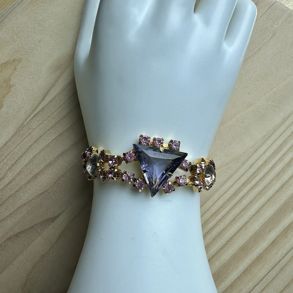 VTG Bracelet Size 6.5 Clear Pink Purple Triangle Crystal Rhinestones Gold Plated - Image 4 of 4