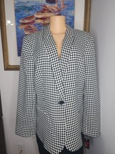 Houndstooth Black White Notch Lapel One-Button Blazer Jacket Lined Long Sleeve