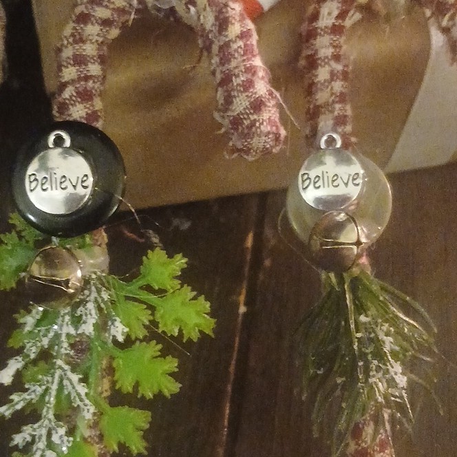 Handmade Checked Candy Cane Ornaments w/ Believe Charm & Bell Set of 2