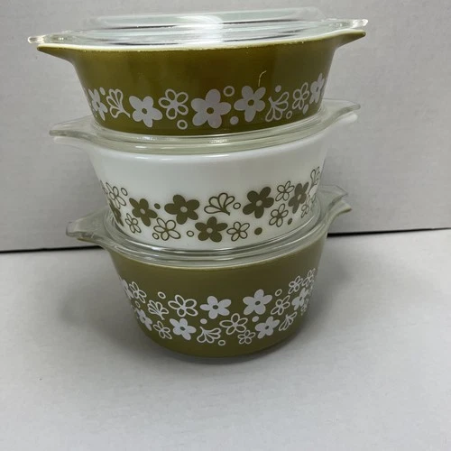 Vintage Pyrex Spring Blossom Green Casserole Dishes Crazy Daisy Made In USA+Lids