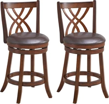 Bar Stools Set of 2, 360° Swivel Chairs with Rubber Wood Frame, 26 Inches PU Lea