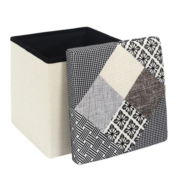 Pouf pliable coffre de rangement gris patchwork 38cm en tissu