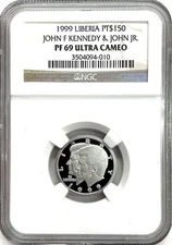 1999 PLATINUM 375 MINTED JOHN F KENNEDY & JFK JR LIBERIA $150 NGC PROOF 69 UC