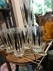 Vintage set of 8 "Cattails" Mid Century Modern Highball Glasses in A Metal Caddy