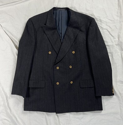 VTG GUCCI Double Breasted Suit Mens Sz 56 All Wool Charcoal Gray Blue Stripe