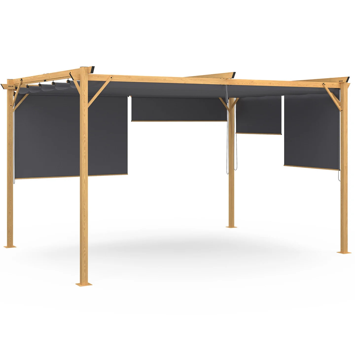 Pergola 3x4 effet bois toit rétractable gris anthracite avec 4 stores
