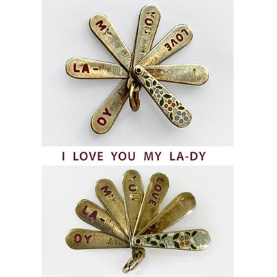 1930s 14K Gold Enamel Secret Message Fan Charm Movable 'I Love You My Lady' RARE