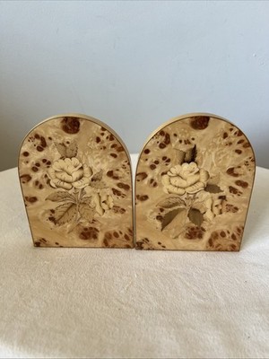 Italian Wood Floral Book Ends Bookends Hinged Beautiful Italy Vintage