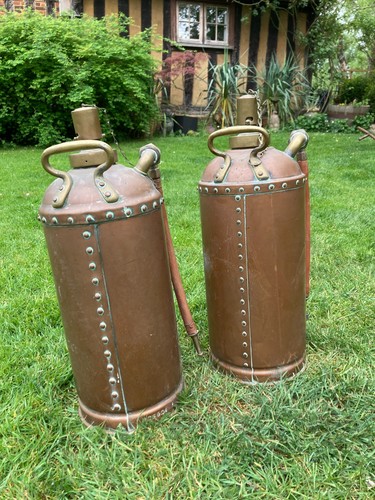 ANTIQUE BRASS & COPPER RIVETED FIRE EXTINGUISHERS possibly marine ,rare , empty