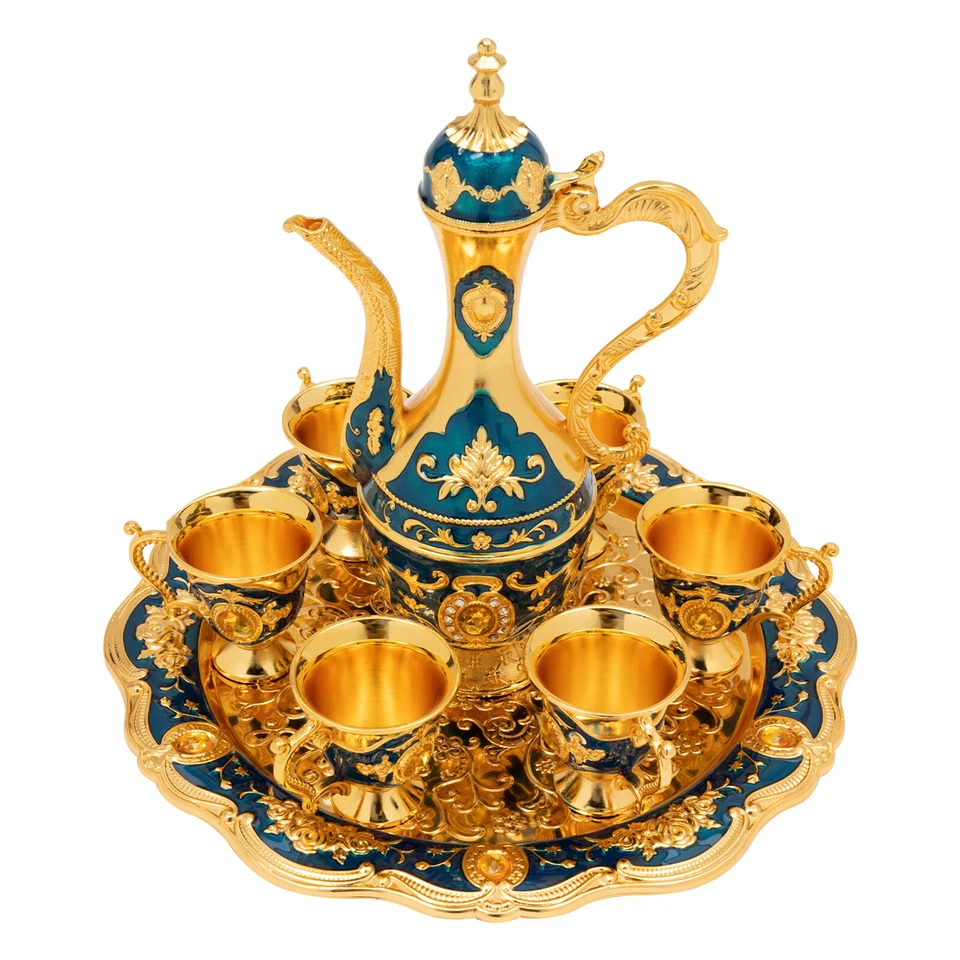 Vintage Metal Turkish Coffee Tea Pot Set With 6 Luxury Coffee Cups & Tea Tray ! - Image 4 of 4