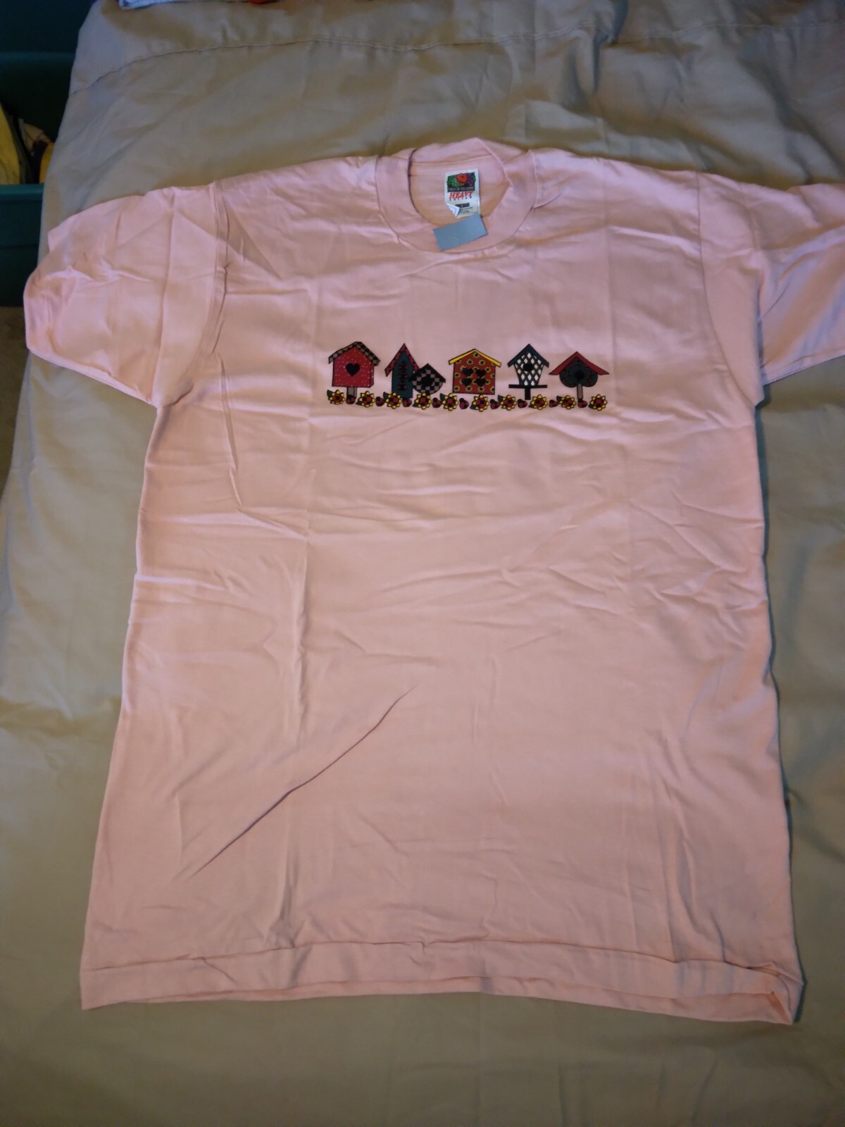 T shirt adulto L rosa chiaro con case fila di uccellini stampa 211599