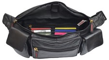 Black Genuine Leather Fanny Pack 2 Phone Waist Bag Travel Organizer Sac Big