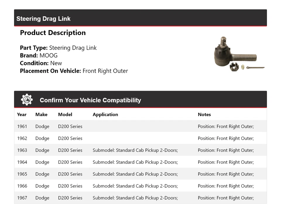 Eslabón de arrastre de dirección delantero derecho exterior MOOG 1961-1967 Dodge serie D200 Foto 2 de 4