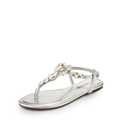 Women Rhinestone T-Strap Thong Flat Sandals Comfortable Slip On Dress Sandals