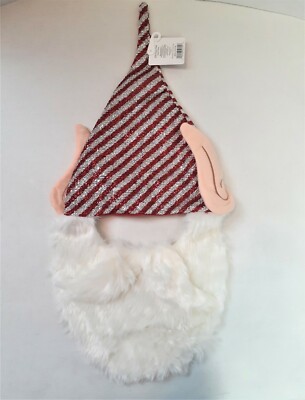 NEW Merry Brite Elf Face Hat Red Silver Sparkle Faux Santa Fur Beard & Ears  121