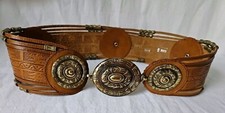 Vtg Avion International Brown Glaidator Style Tooled Leather Bead Belt Size S