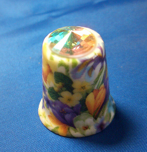 Birchcroft China Thimble - Spring Floral with Swarovski Crystal -- Free Dome Box