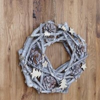TüRkranz Tannenzapfen Rund, Dekokranz Weihnachtsdeko Kranz, Holz Ø 30 Weiß-Grau