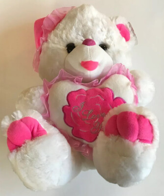 14" White Plush Teddy Bear With Hat & Heart I Love You In Pink Flower ...