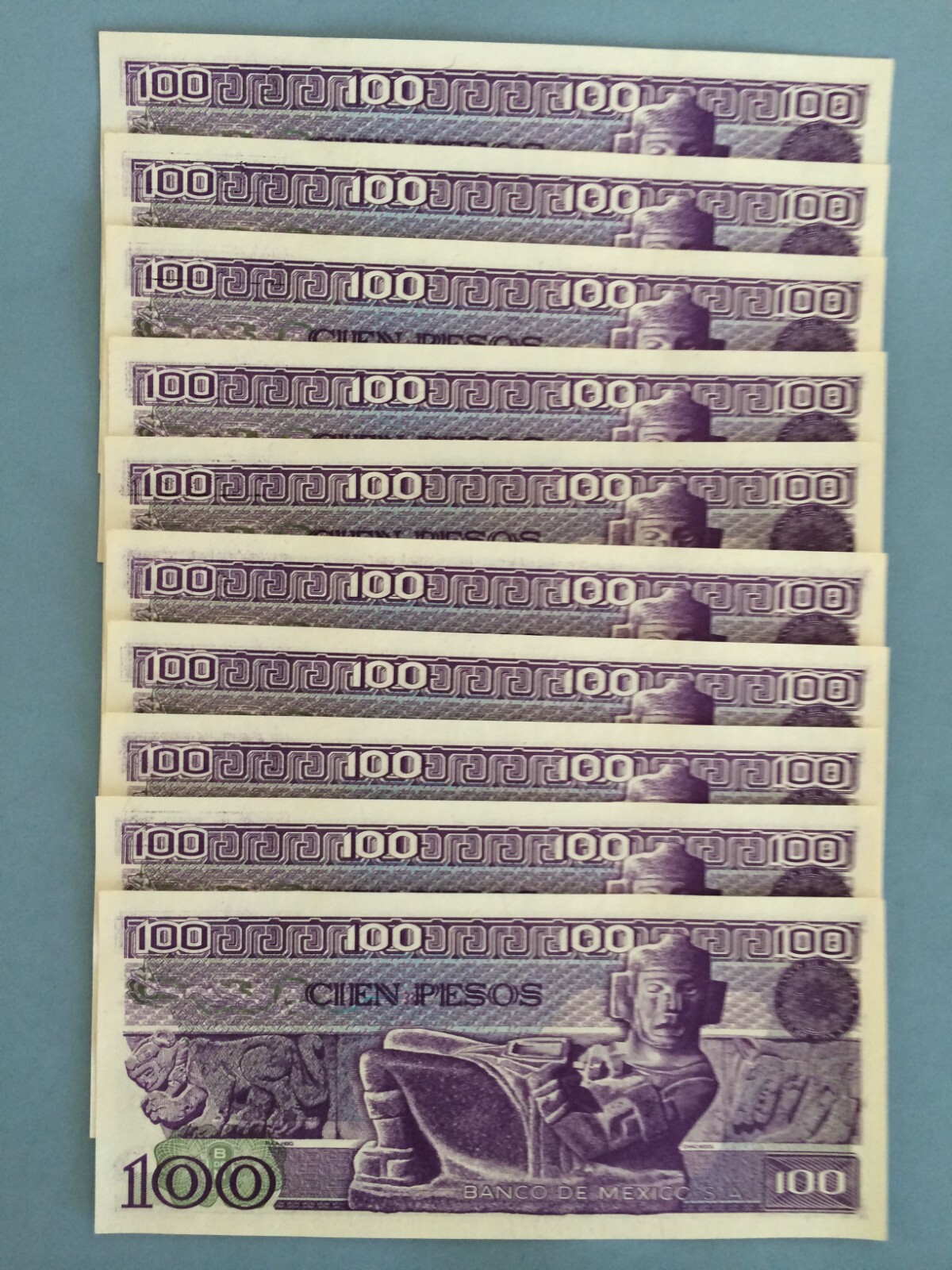 100 PESO MEXICO BANKNOTE 1970'S LOT (10) CARRANZA MEXICO