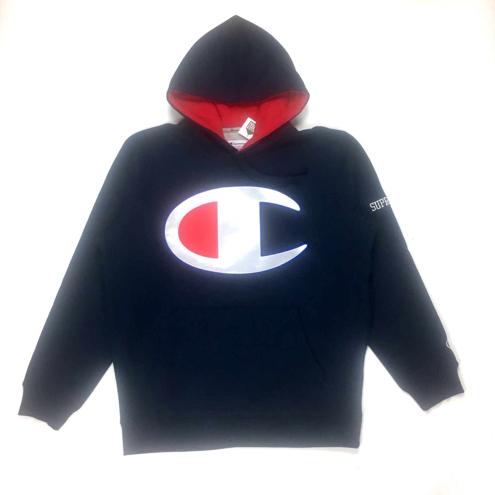 Neuf avec étiquettes sweat à capuche Supreme Champion Big Satin logo marine homme L SS17 AUTHENTIQUE