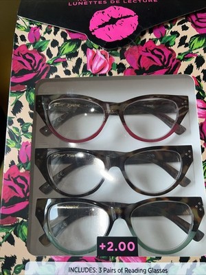 BETSEY JOHNSON 3 Pr. Readers  Olive, Tortoise ,Cherry Fade READING Glasses +2.0