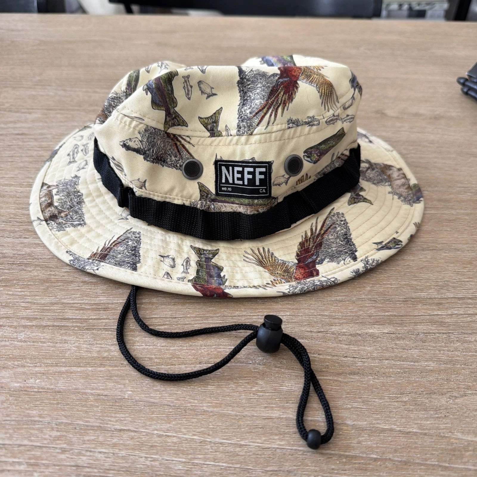 Rare NEFF Boonie Bucket Hat Adj. Chin Strap Streetwear Fishing Hunting Motif