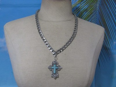 Silver Tone Stainless Steel Necklace w/ a Cross Silver Tone & Faux Turquoise
