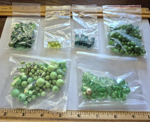 Vintage 6 bags green variety art glass beads Costume Jewelry restring repurpose