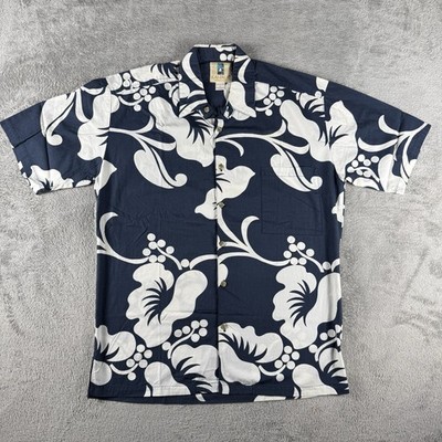 VINTAGE Kahala Hawaiian Floral Strand Blue Button Up Men's Small
