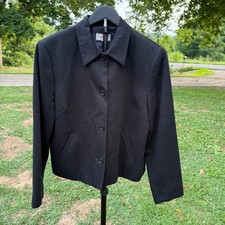 Talbots Black Textured Cotton Button Front Jacket Blazer Womens 12 Classic Pique