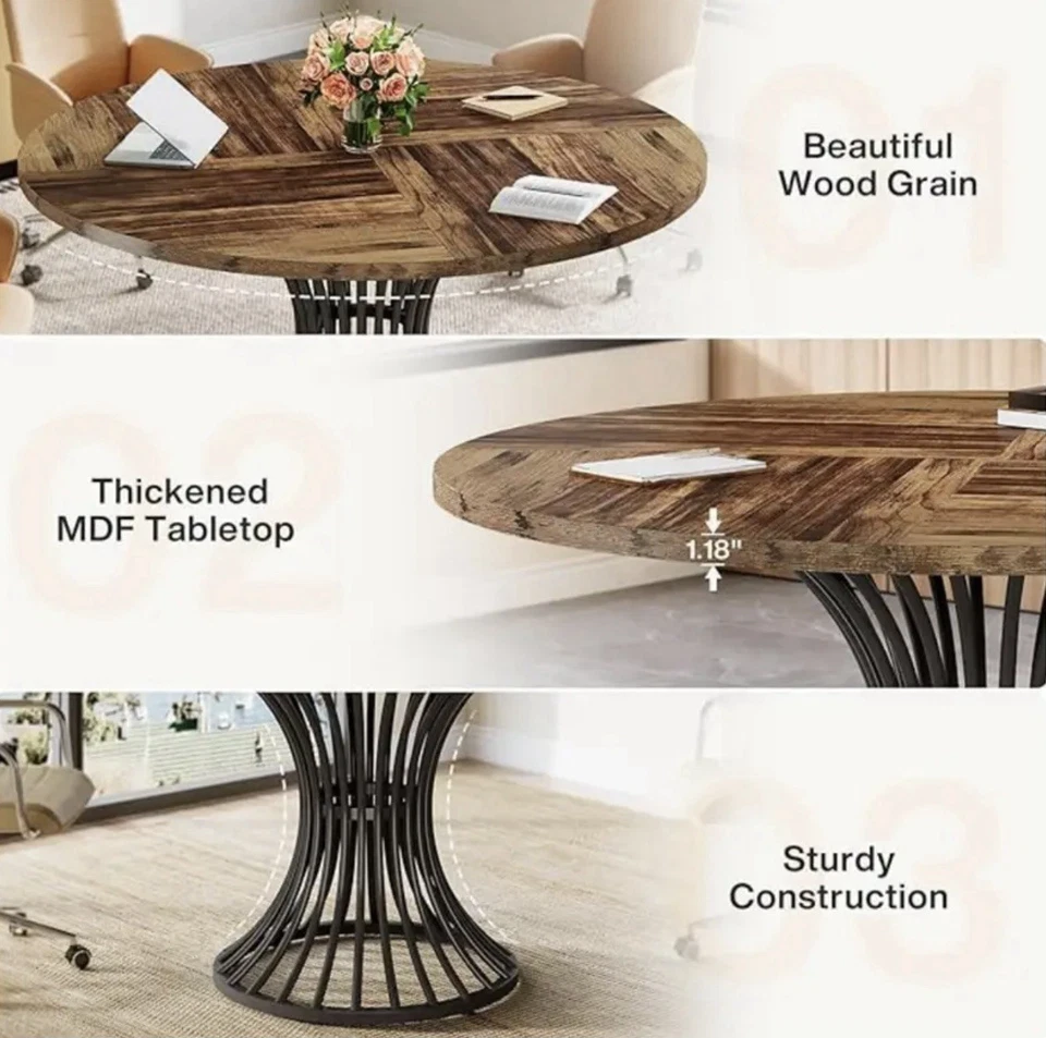 47” Round Dinning/Office Table – Industrial Conference Table for 4–6, Metal Base - Image 2 of 4