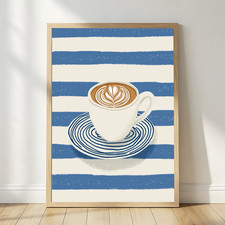 Blue Stripe Coffee Wall Art Print Latte Kitchen Decor Minimalist Cafe Poster