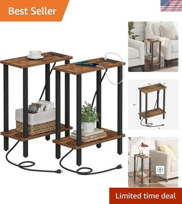TUTOTAK Small Narrow End Table with Charging Station, Set of 2, Side Outlets,