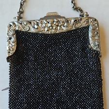 1900s Victorian Black Metal Mesh Coin Purse Silver Frame Chain PAT. JUL 2 01