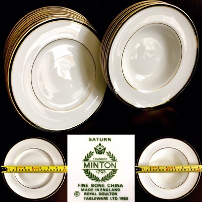 16er Set Vintage Minton ''Saturn'' Schwarz & Goldrand 8'' Bone China Teller & Schüsseln