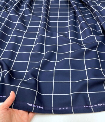 DORMEUIL Suiting Fabric Navy Blue Wool White Windowpane Check Plaid 2.15m