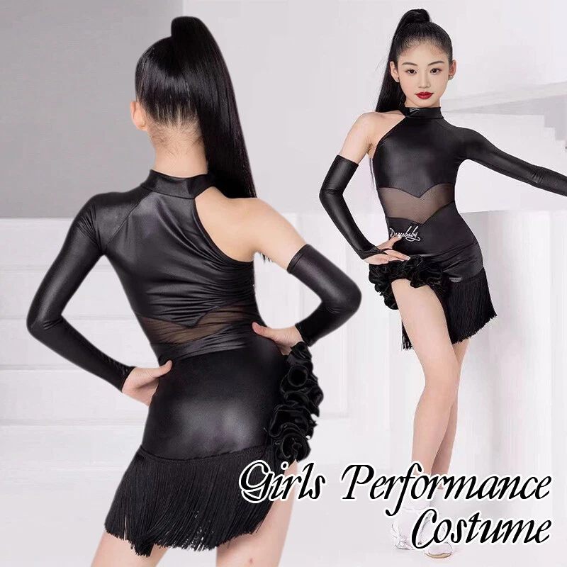 Girls Latin Jazz Modern Dance Costume One-Sleeve Fringe Skirt Competition Dress - Image 2 of 4