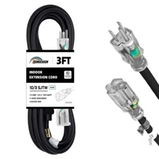 3ft Lighted Outdoor Extension Cord 10/3 Sjtw Heavy Duty Black Extension Cable Wi