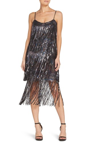 BLACK ONYX FRINGE SHIFT MIDI DRESS XXS 