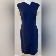 Hugo Boss Cap Sleeved Wool Blend Knee Length Navy Sheath Dress Size 8