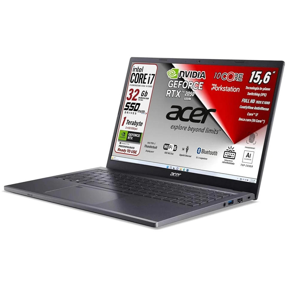 Notebook Acer Intel Core i7-1355U 10 Core RAM 32GB SSD 1TB RTX 2050 Finger Retro - Immagine 3 di 4