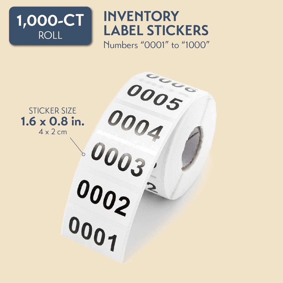 Roll of 0001-1000 Consecutive Inventory Number Stickers for Labeling, 1 ...