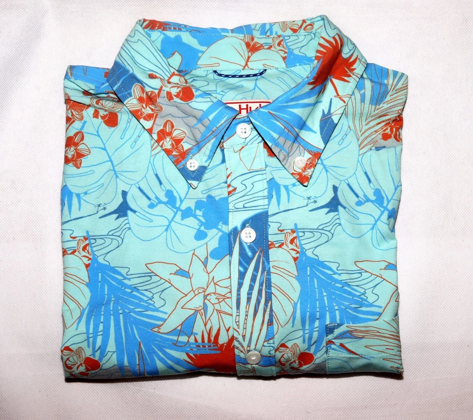Camisa de pesca masculina botânica radical manga curta botão para baixo Huk Kona tamanho grande - Imagem 4 de 4